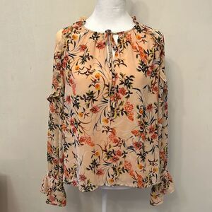 Rose + Olive peach floral ruffle long sleeve blouse Size S EUC